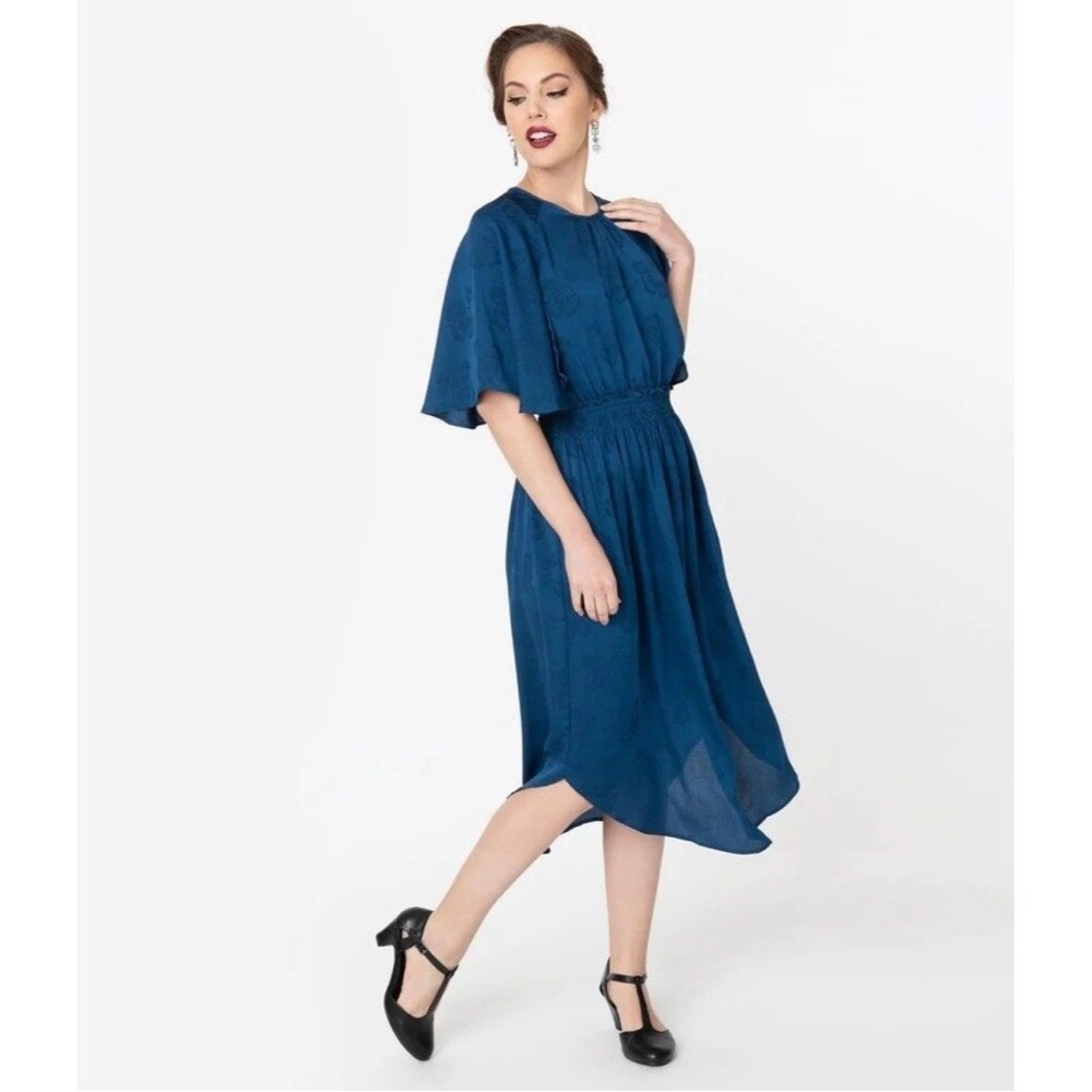 Current Air Blue Floral Midi Dress Small Smocked Waist Flutter Sleeve
